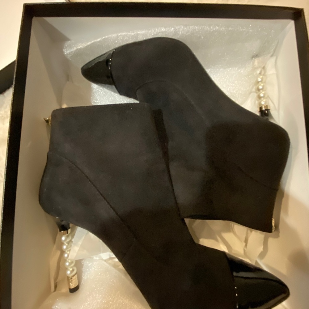 Chanel Suede Booties with Patent Toe and Pearl heel